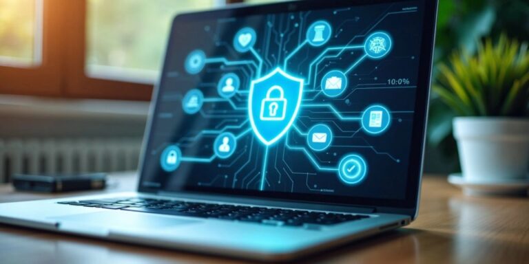 Laptop with cybersecurity icons on a desk.