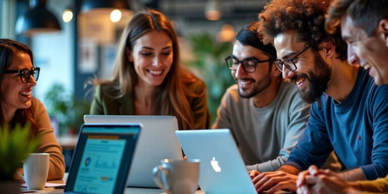 Developers collaborating in a modern office setting.