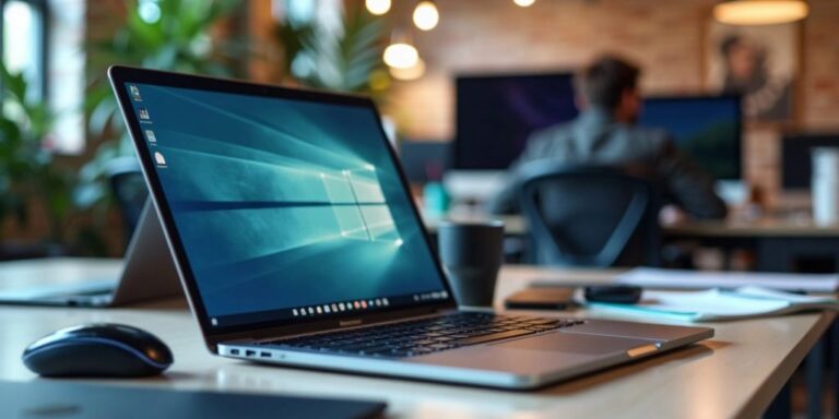 Laptop and tech gadgets on a desk in an office.