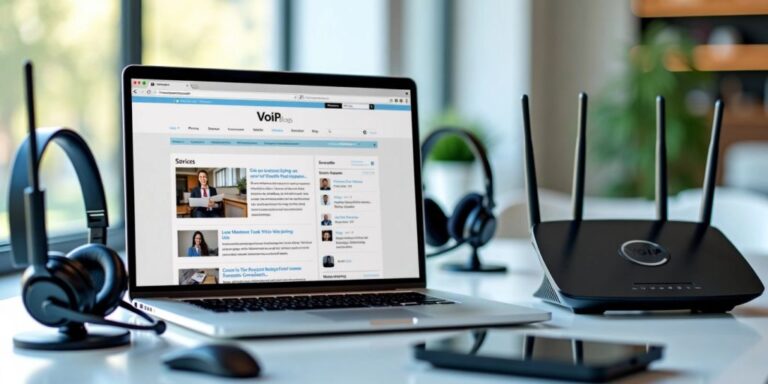 Laptop with blog page and VoIP devices around it.