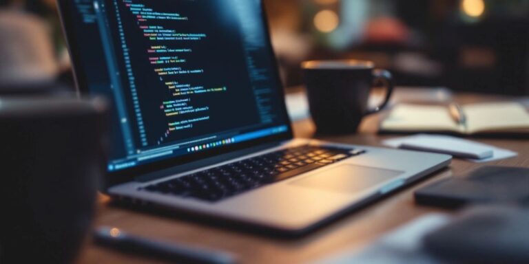 Laptop with code, coffee cups, and notepads on desk.