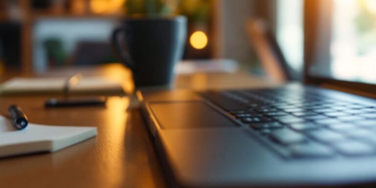Laptop and notepad on a desk with coffee.