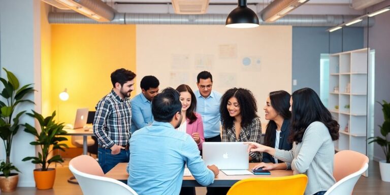 Diverse professionals brainstorming in a modern workspace.