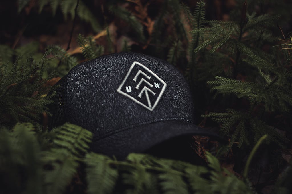 Close-up of a dark baseball cap with an embroidered design nestled among green ferns, creating a nature-themed concept.